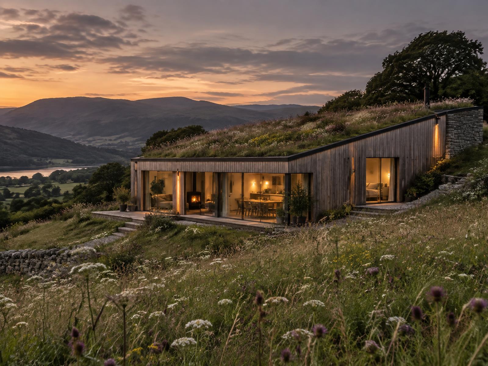 Timber-clad house with a wildflower green roof on a British hillside at dusk