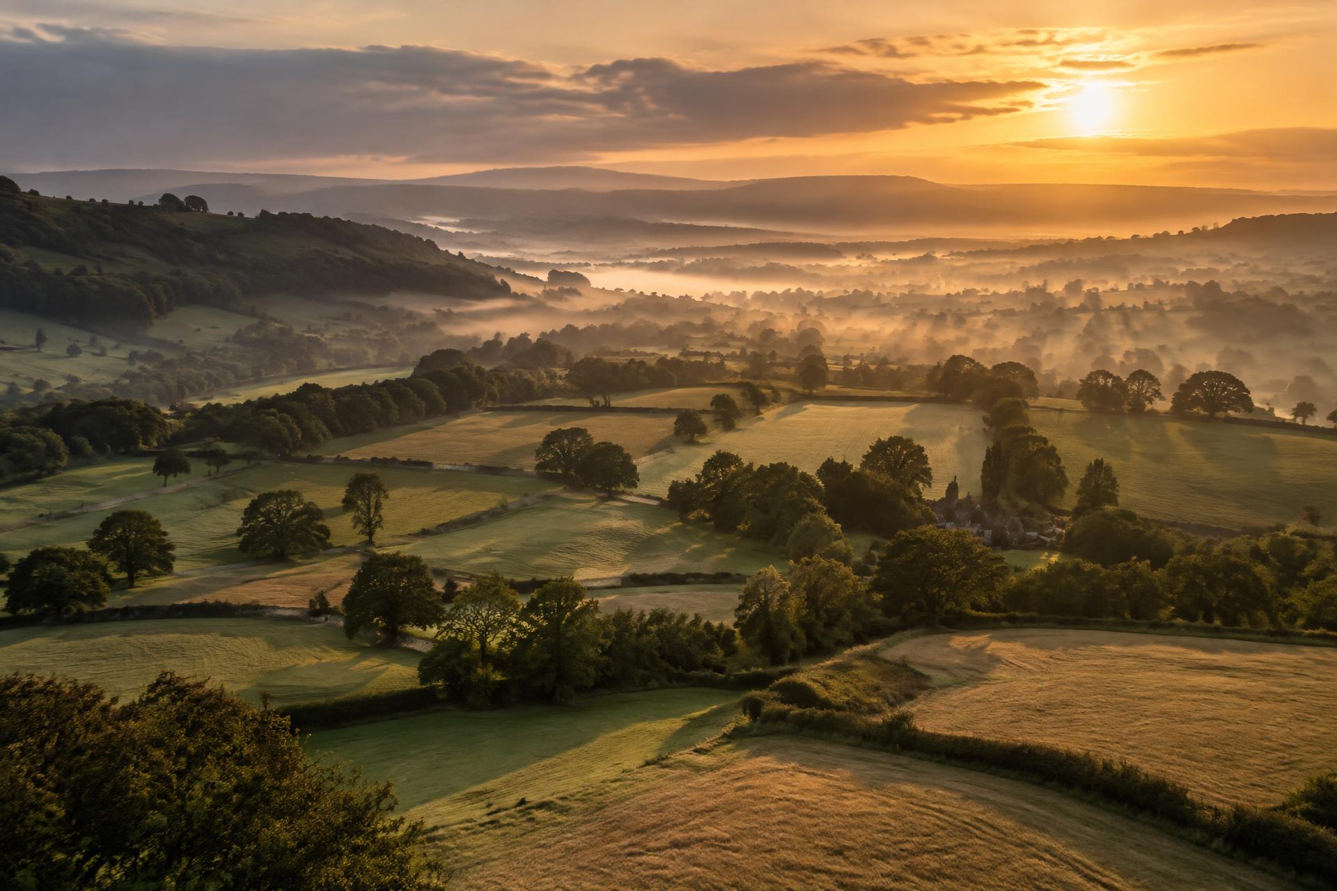 Rolling English countryside at golden hour